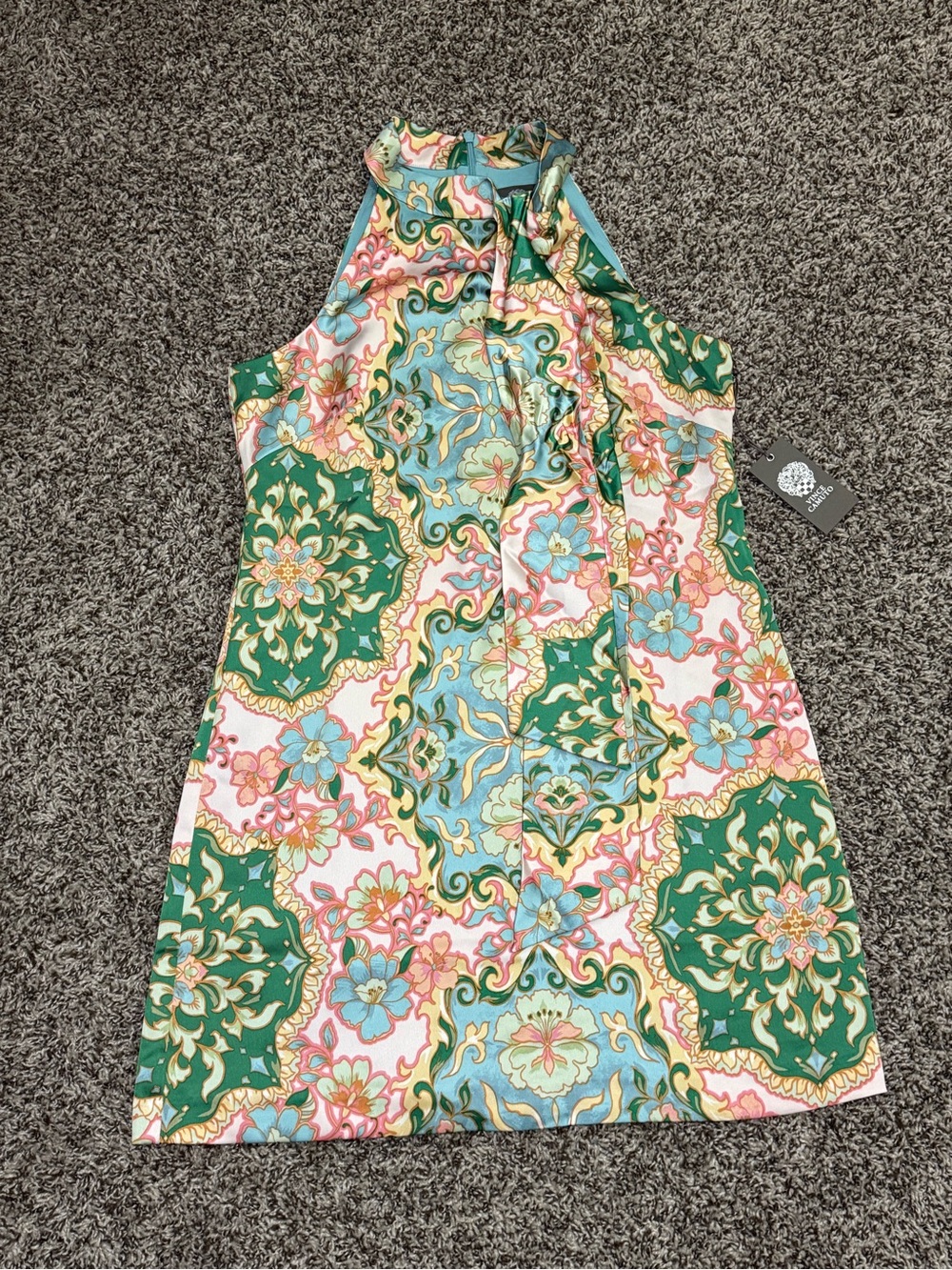 Vince Camuto Tie-Neck Halter Dress in Green Floral Print